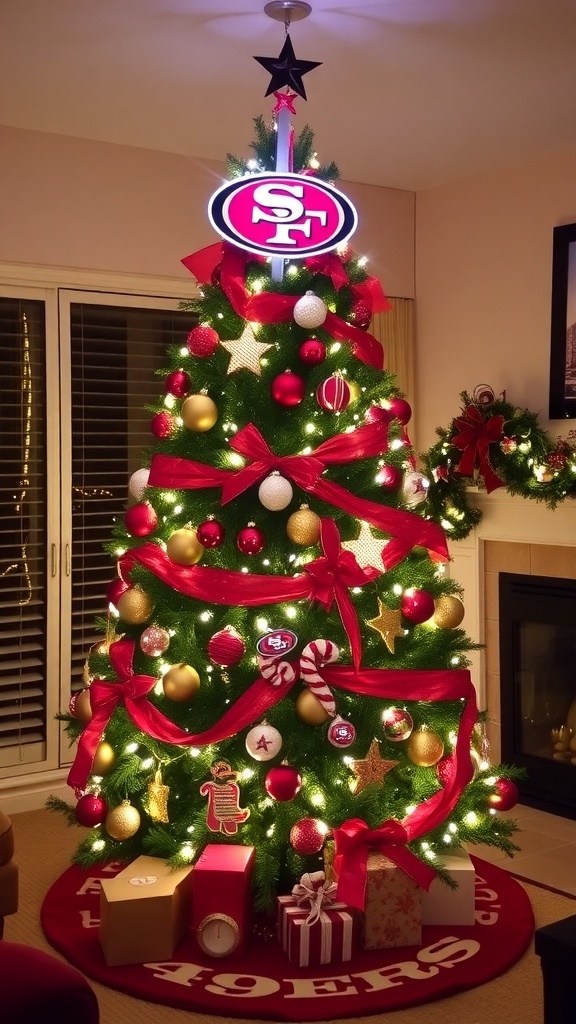 A 49ers themed Christmas tree with red and gold decorations, lights, and a team logo topper in a festive living room.